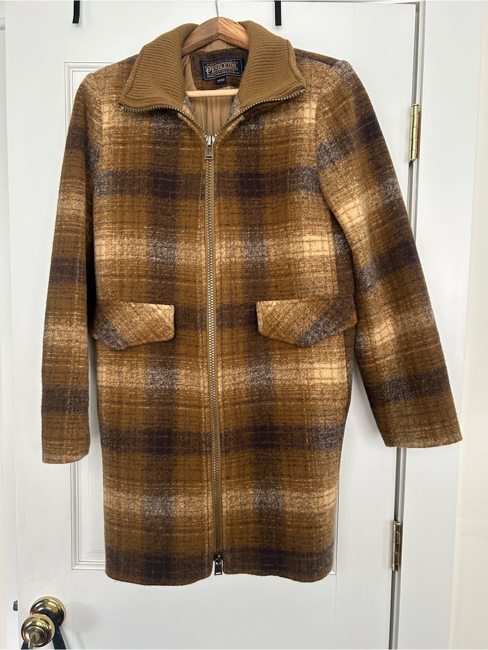 Pendleton Brown Plaid Zip-Front Wool Pea Coat